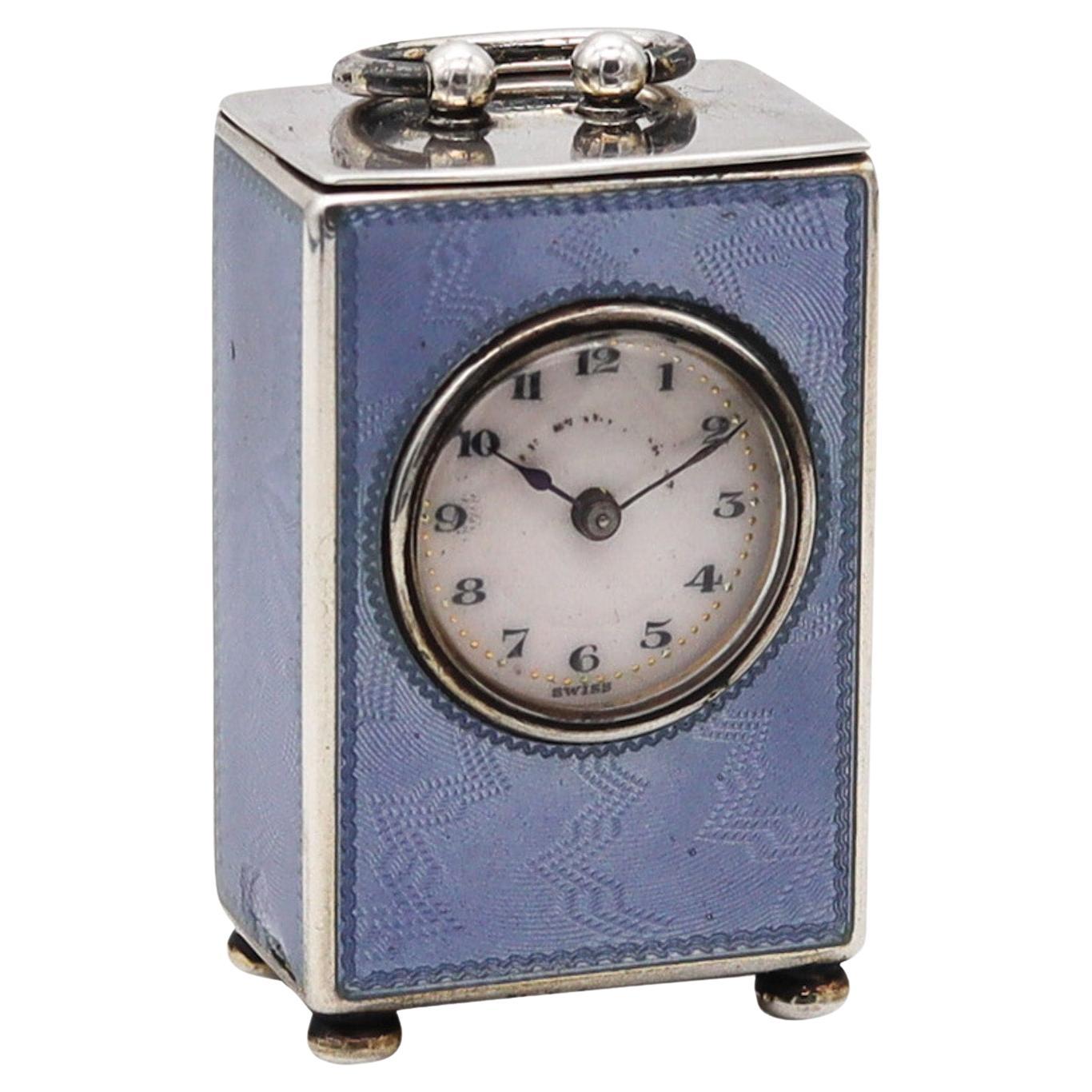 Edwardian 1908 Miniature Guilloché Blue Enamel Clock in .935 Sterling With Case For Sale