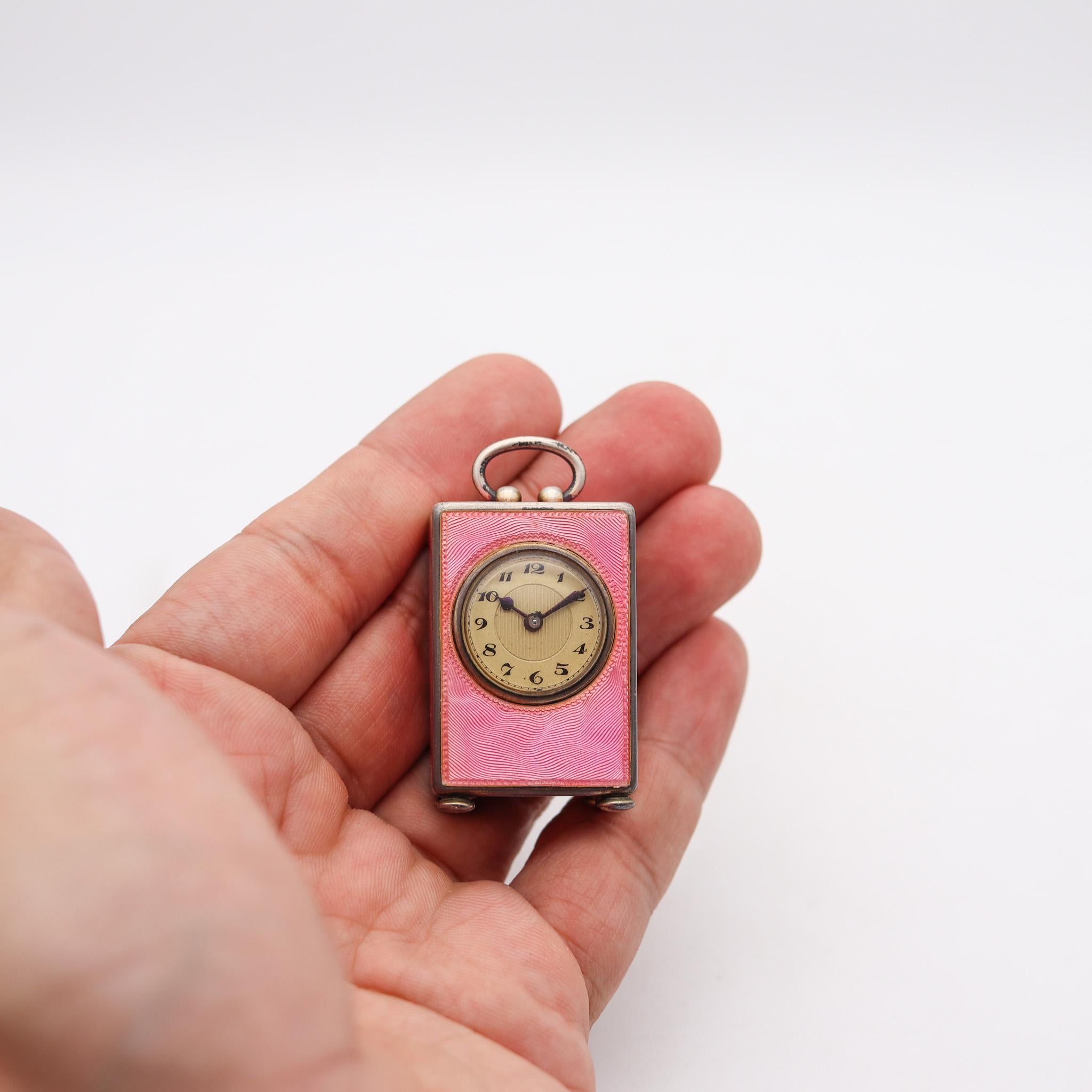 Edwardian 1908 Miniature Travel Clock Sterling with Pink Guilloché Enamel in Box 2