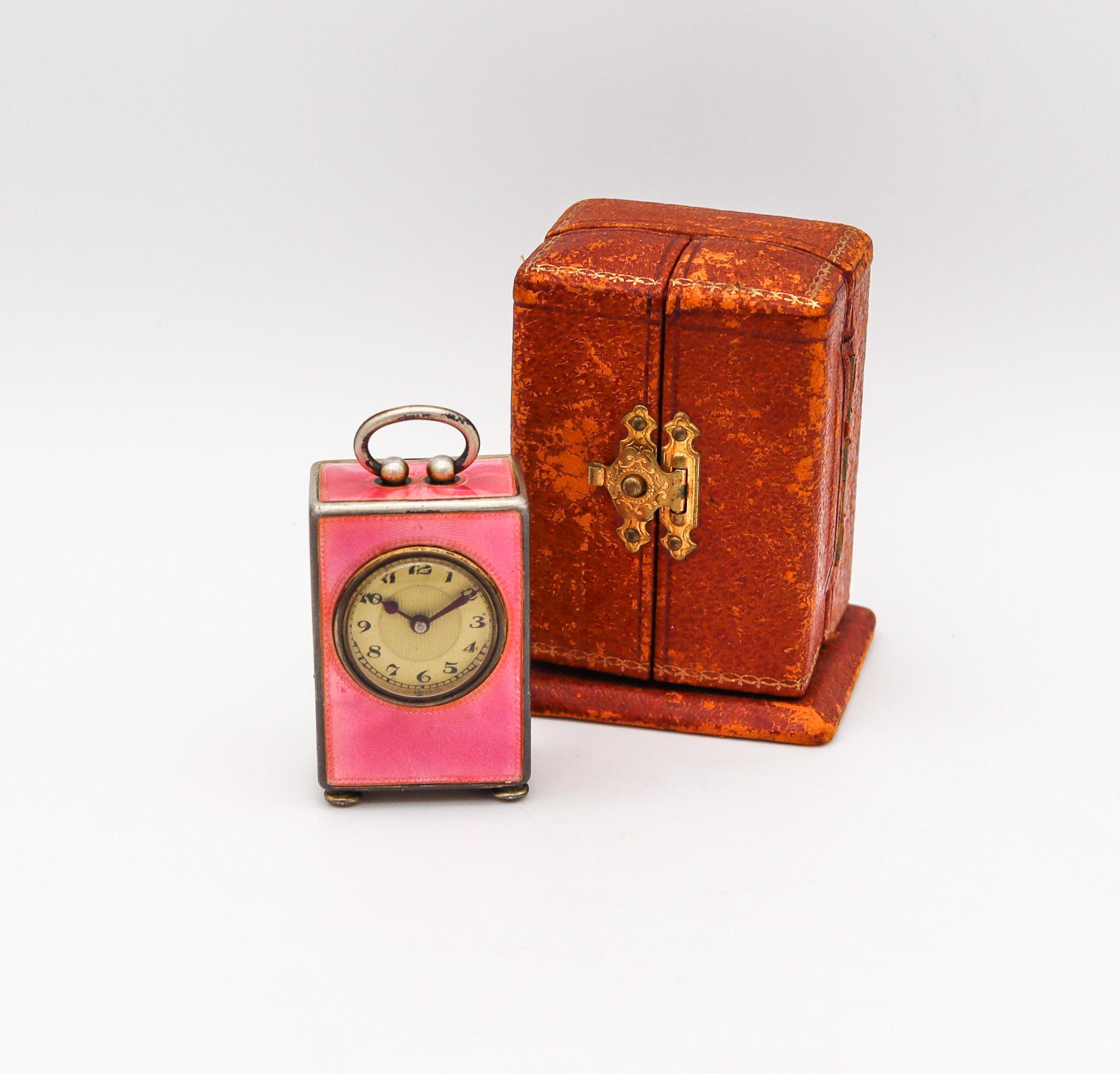 Edwardian 1908 Miniature Travel Clock Sterling with Pink Guilloché Enamel in Box 3