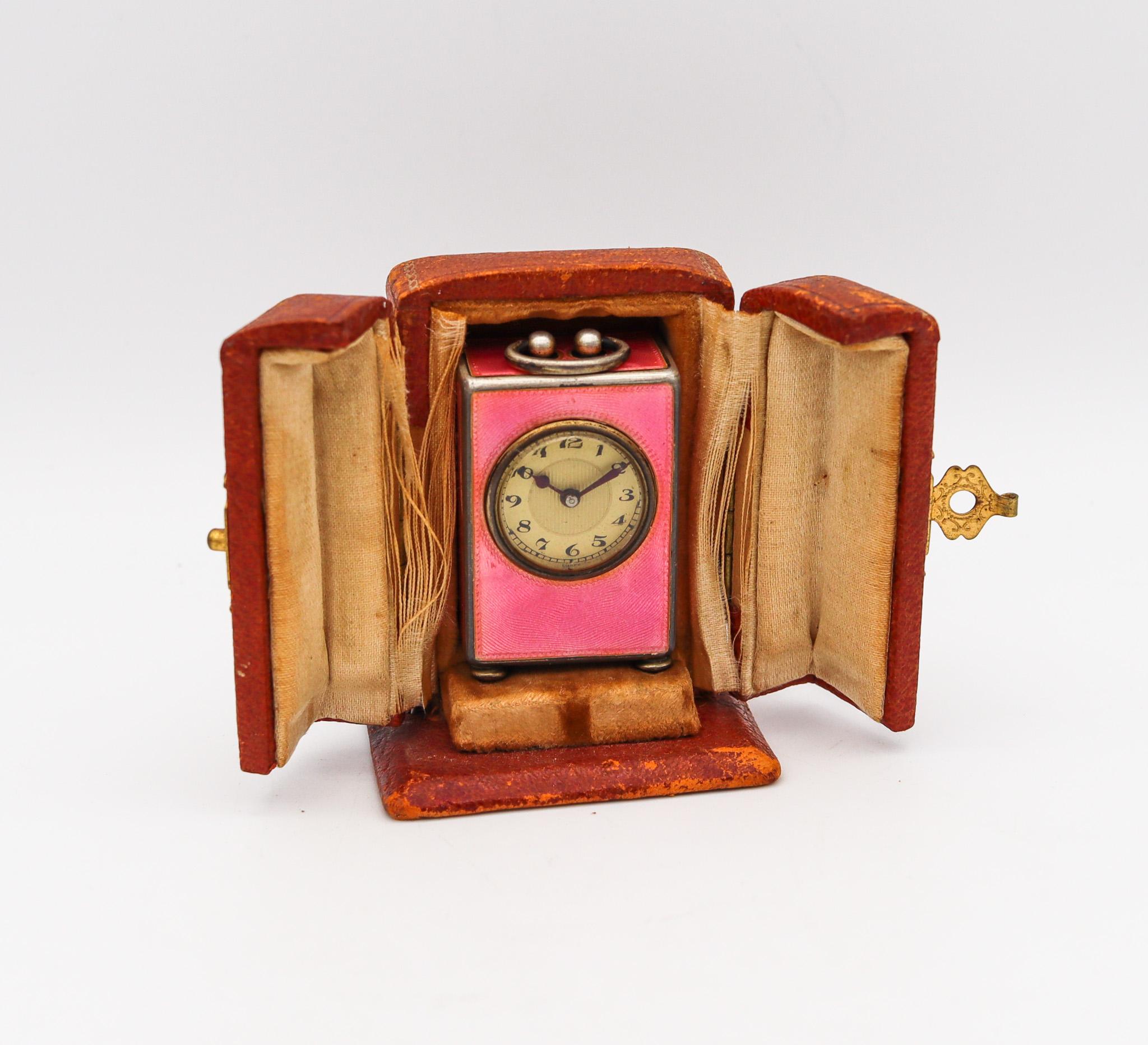 Edwardian 1908 Miniature Travel Clock Sterling with Pink Guilloché Enamel in Box 4