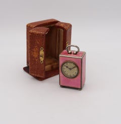 Edwardian 1908 Miniature Travel Clock Sterling with Pink Guilloché Enamel in Box