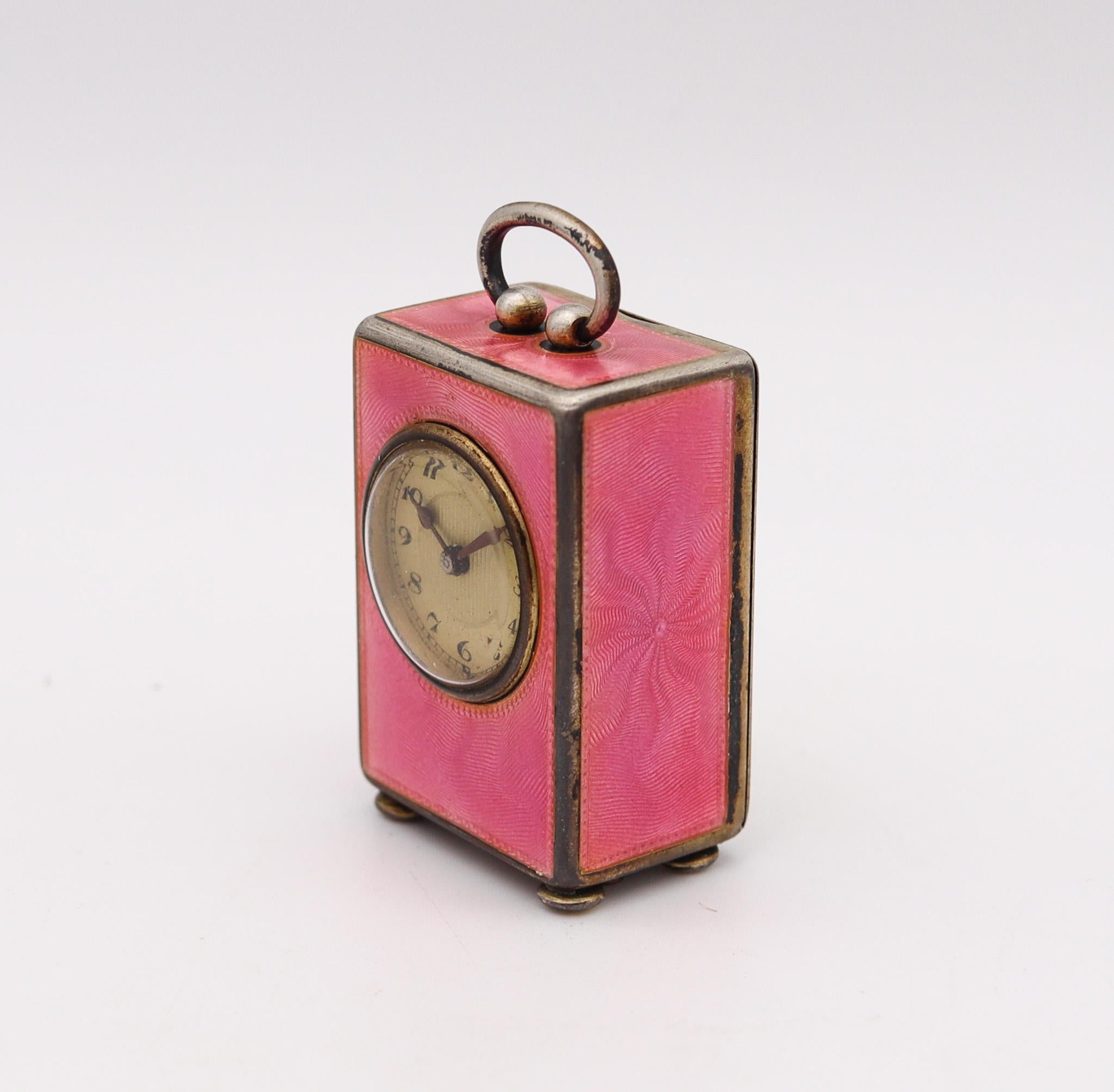 Swiss Edwardian 1908 Miniature Travel Clock Sterling with Pink Guilloché Enamel in Box