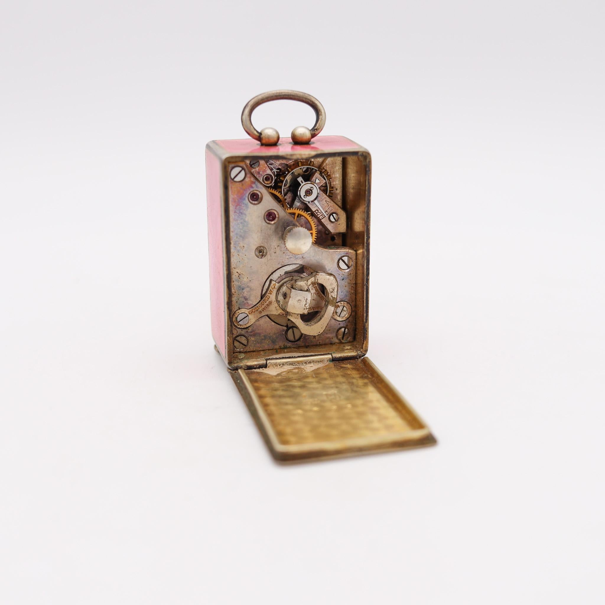 Edwardian 1908 Miniature Travel Clock Sterling with Pink Guilloché Enamel in Box In Excellent Condition In Miami, FL