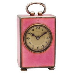 Edwardian 1908 Miniature Travel Clock Sterling with Pink Guilloché Enamel in Box