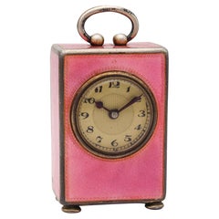 Antique Edwardian 1908 Miniature Travel Clock Sterling with Pink Guilloché Enamel in Box