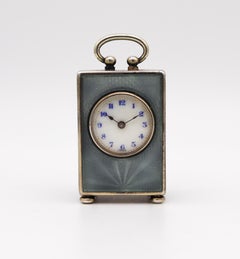 Edwardian 1908 Miniature Travel Clock With Guilloché Enamel In Sterling With Box
