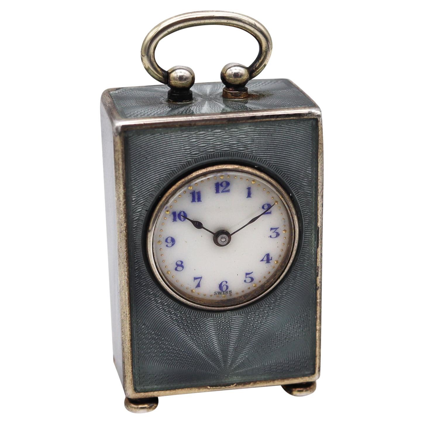 Edwardian 1908 Miniature Travel Clock With Guilloché Enamel In Sterling With Box For Sale