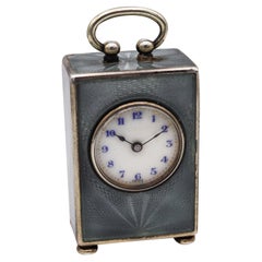 Edwardian 1908 Miniature Travel Clock With Guilloché Enamel In Sterling With Box