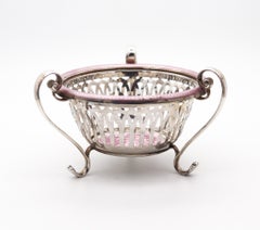 EDWARDIAN 1909 Guilloche emaillierte Dreibein-Korbvase in 925 Sterlingsilber, EDWARDIAN