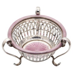EDWARDIAN 1909 Guilloche Enameled Tripod Basket Vase In .925 Sterling Silver