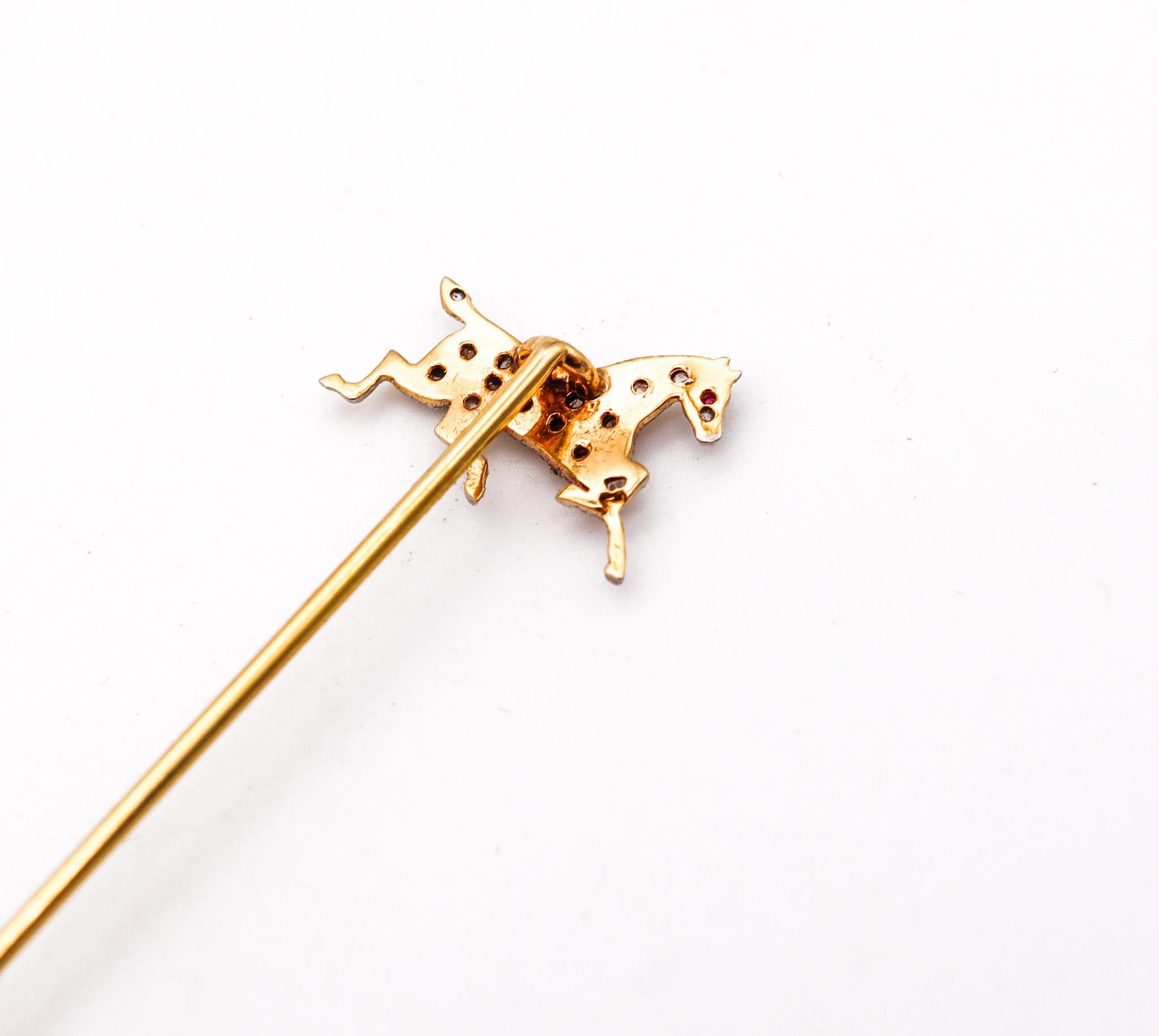 Edwardian 1909 Horse Stick Pin In 14Kt Gold And Platinum With Rose Cut Diamonds In Excellent Condition For Sale In Miami, FL