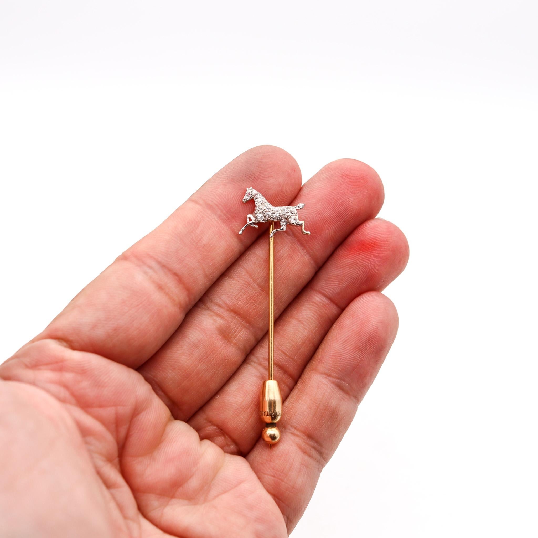 Women's or Men's Edwardian 1909 Horse Stick Pin In 14Kt Gold And Platinum With Rose Cut Diamonds For Sale
