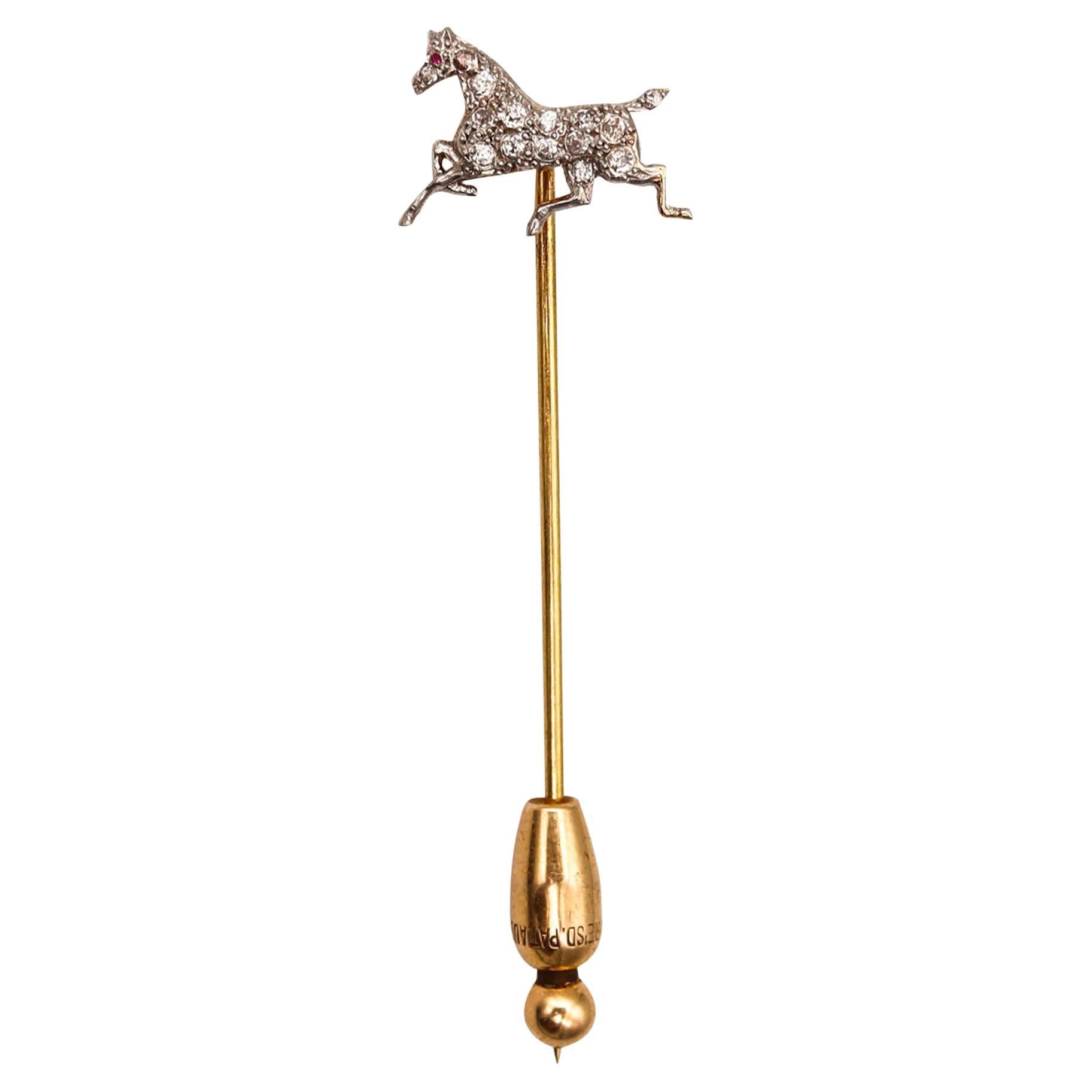 Horse Stick-Anstecknadel aus 14 Karat Gold und Platin mit Diamanten im Rosenschliff, Edwardian 1909 im Angebot