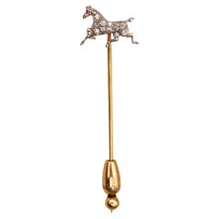 Edwardian 1909 Horse Stick Pin In 14Kt Gold And Platinum With Rose Cut Diamonds