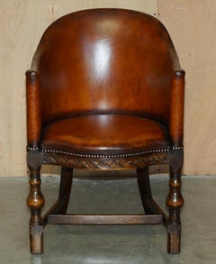 EDWARDiAN 1910 BROWN LEATHER & CARVED ENGLISH OAK CAPTAINS OFFICE DESK ARMCHAIR