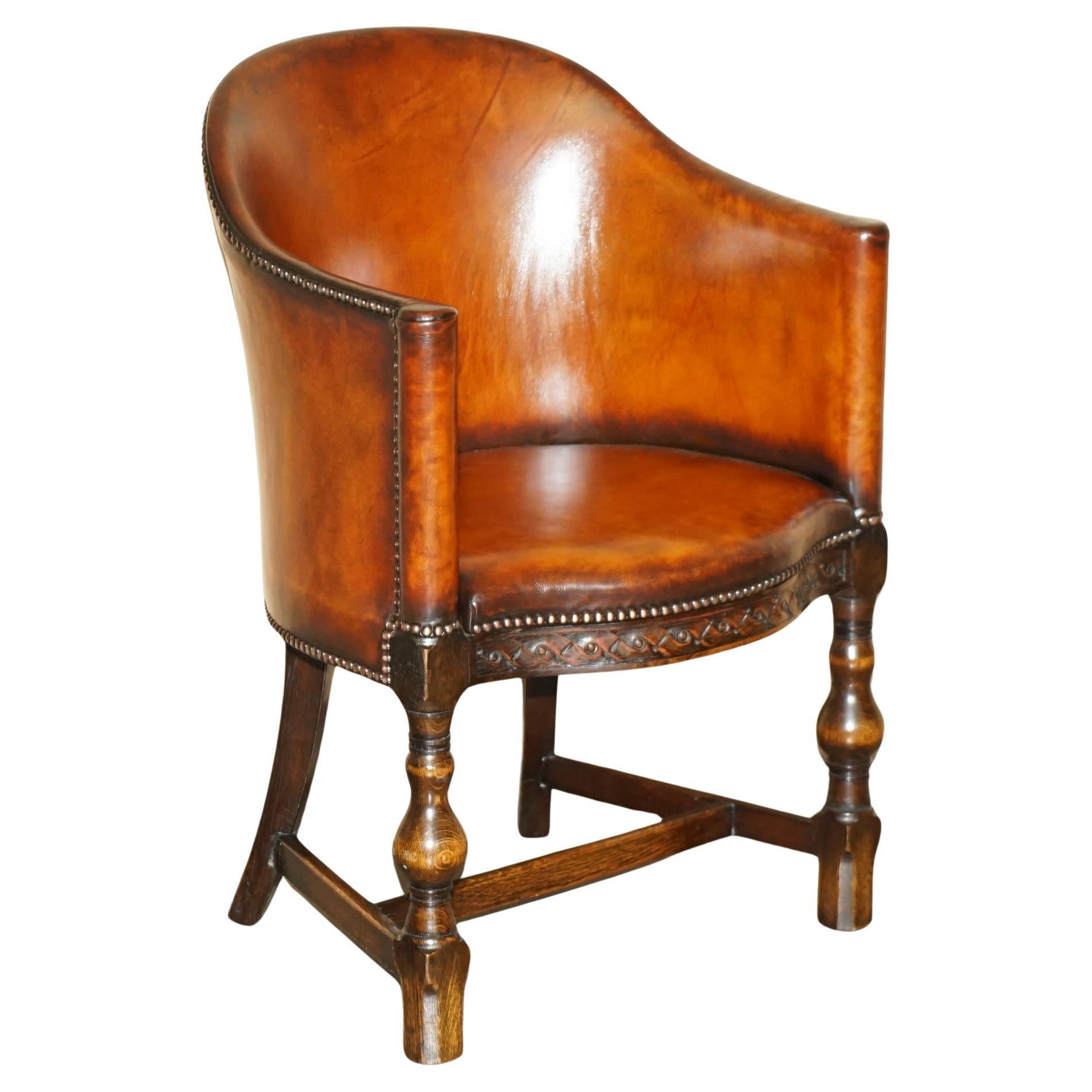 EDWARDiAN 1910 BROWN LEATHER & CARVED ENGLISH OAK CAPTAINS OFFICE DESK ARMCHAIR