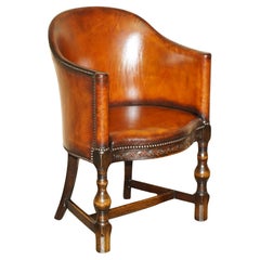 EDWARDiAN 1910 BROWN LEATHER & CARVED ENGLISH OAK CAPTAINS OFFICE DESK ARMCHAIR