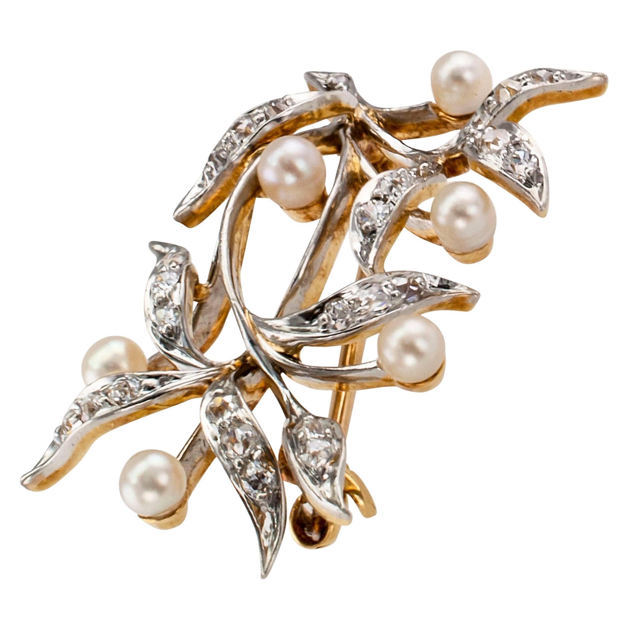 Edwardian 1910 pearl and diamond brooch mounted in gold and platinum. Designed as a platinum topped branch with diamond-set leaves between stems studded with round pearls, mounted in 18-karat yellow gold, the diamonds totaling approximately 0.50