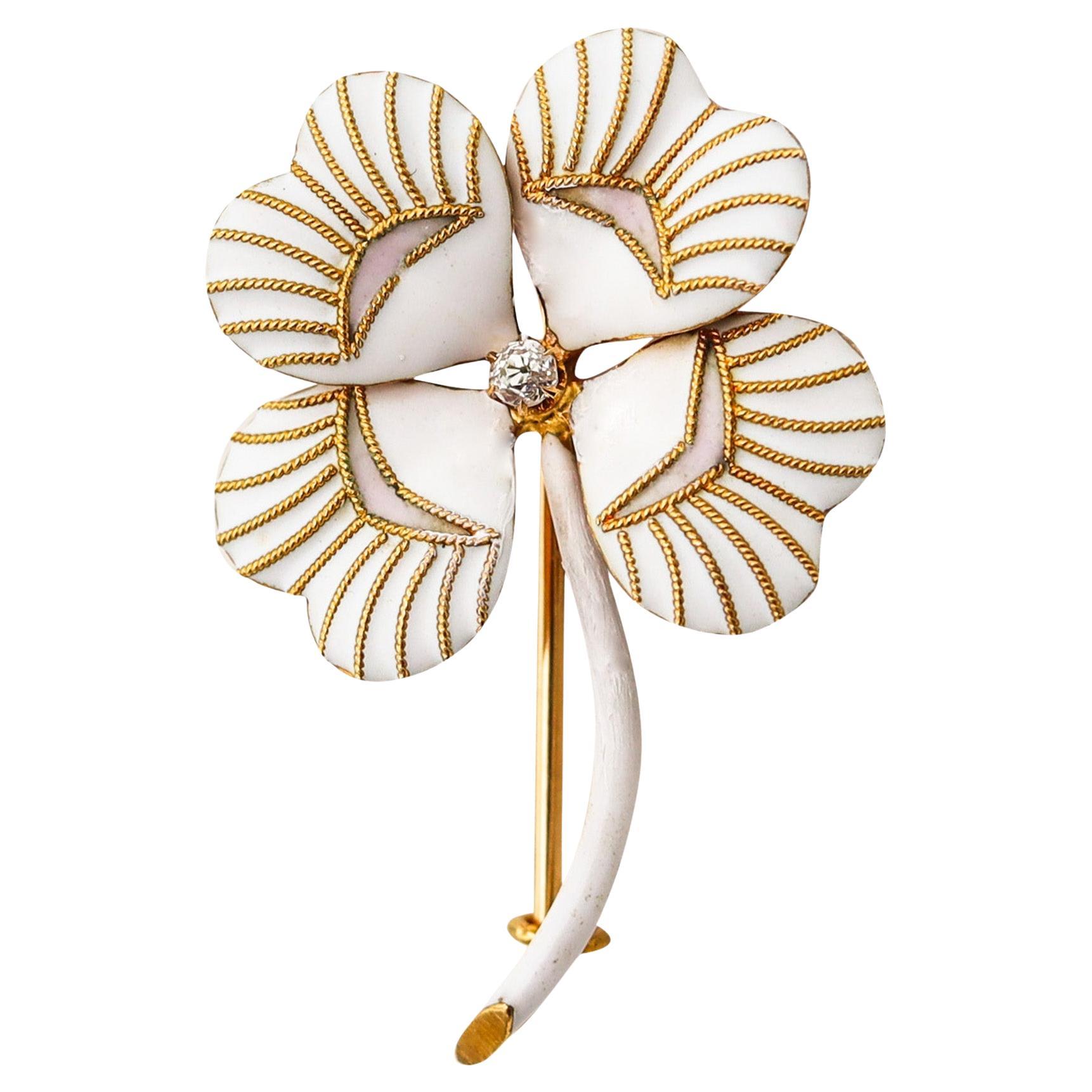 EDWARDIAN 1910 Enameled Four-Leaves Clover Brooch In 14Kt Gold & Diamond