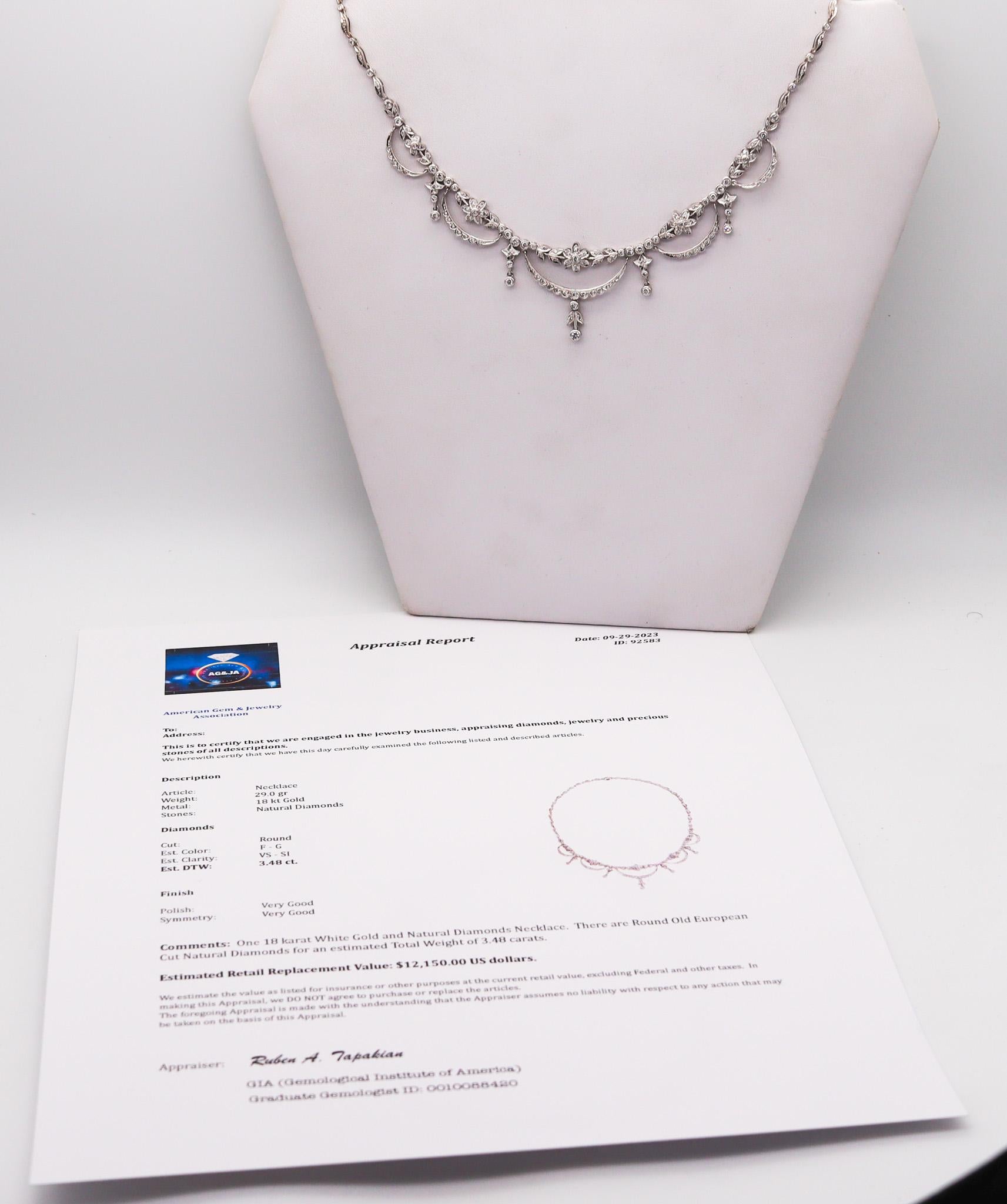 Edwardian 1910 Garlands Necklace In 18Kt White Gold With 3.72 Ctw In Diamonds For Sale 3
