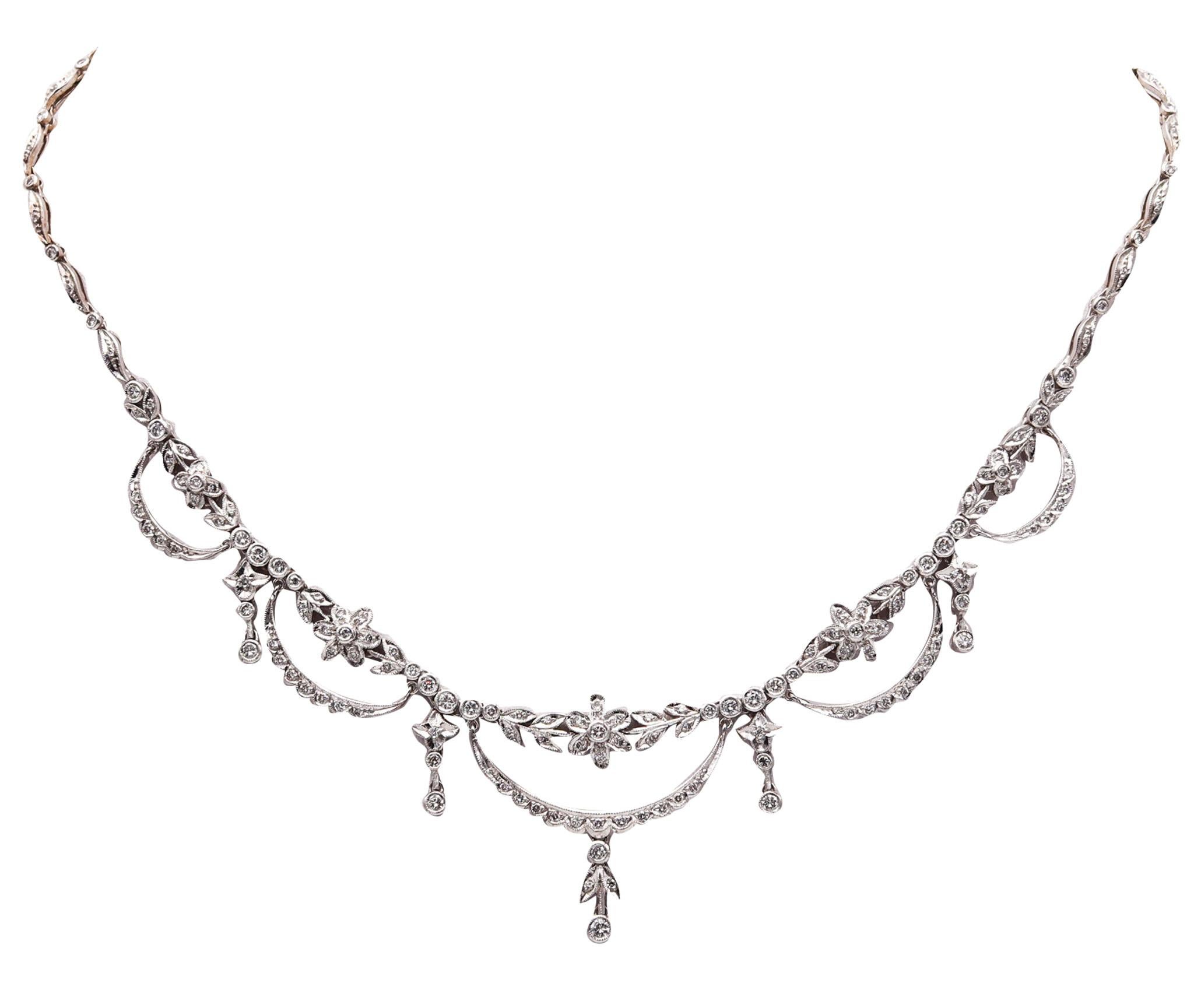 Edwardian garlands necklace with diamonds.

Beautiful piece of classic jewelry, created during the late Edwardian period back in the 1910. This beautiful necklace as been exceptionally crafted in solid white gold of 18 karats with intricate