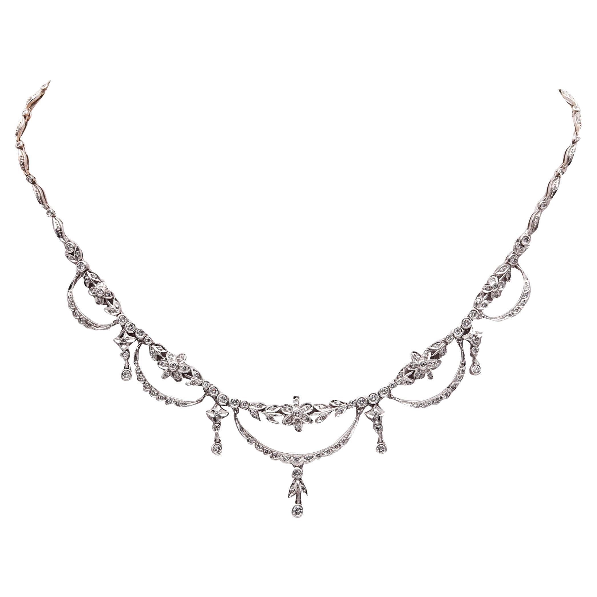 Edwardian 1910 Garlands Necklace In 18Kt White Gold With 3.72 Ctw In Diamonds For Sale