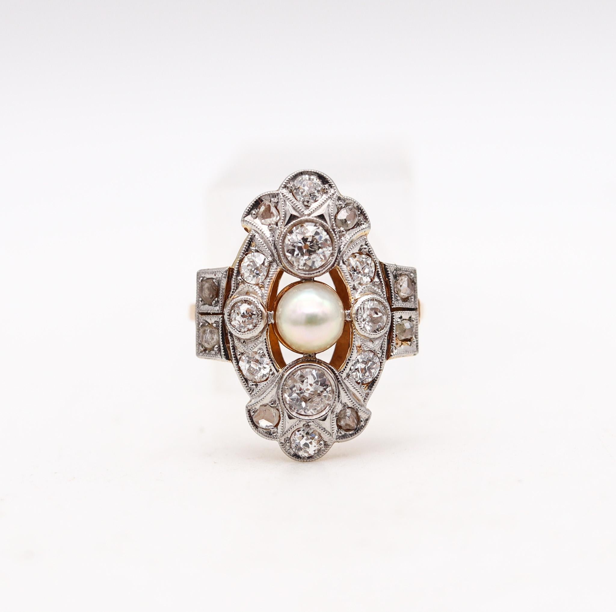 Edwardian ring with diamonds and natural pearl.

A beautiful ring from the Belle Epoque period, created during the Edwardian period, back in the 1910. This beautiful ring was crafted in solid Yellow gold of 18 karats and topped with white gold for