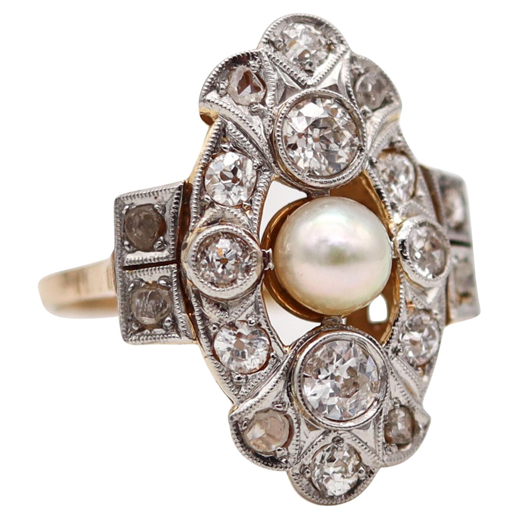 Edwardian 1910 Natural pearl Ring In 18Kt Yellow Gold With 1.36 Ctw In Diamonds For Sale