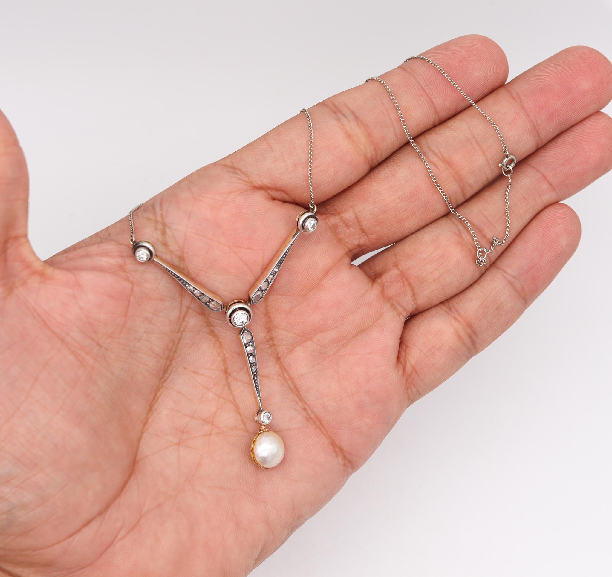 Edwardian 1910 Pearl Drop Y Shape Necklace in 18kt Gold with European Diamonds In Good Condition For Sale In Miami, FL