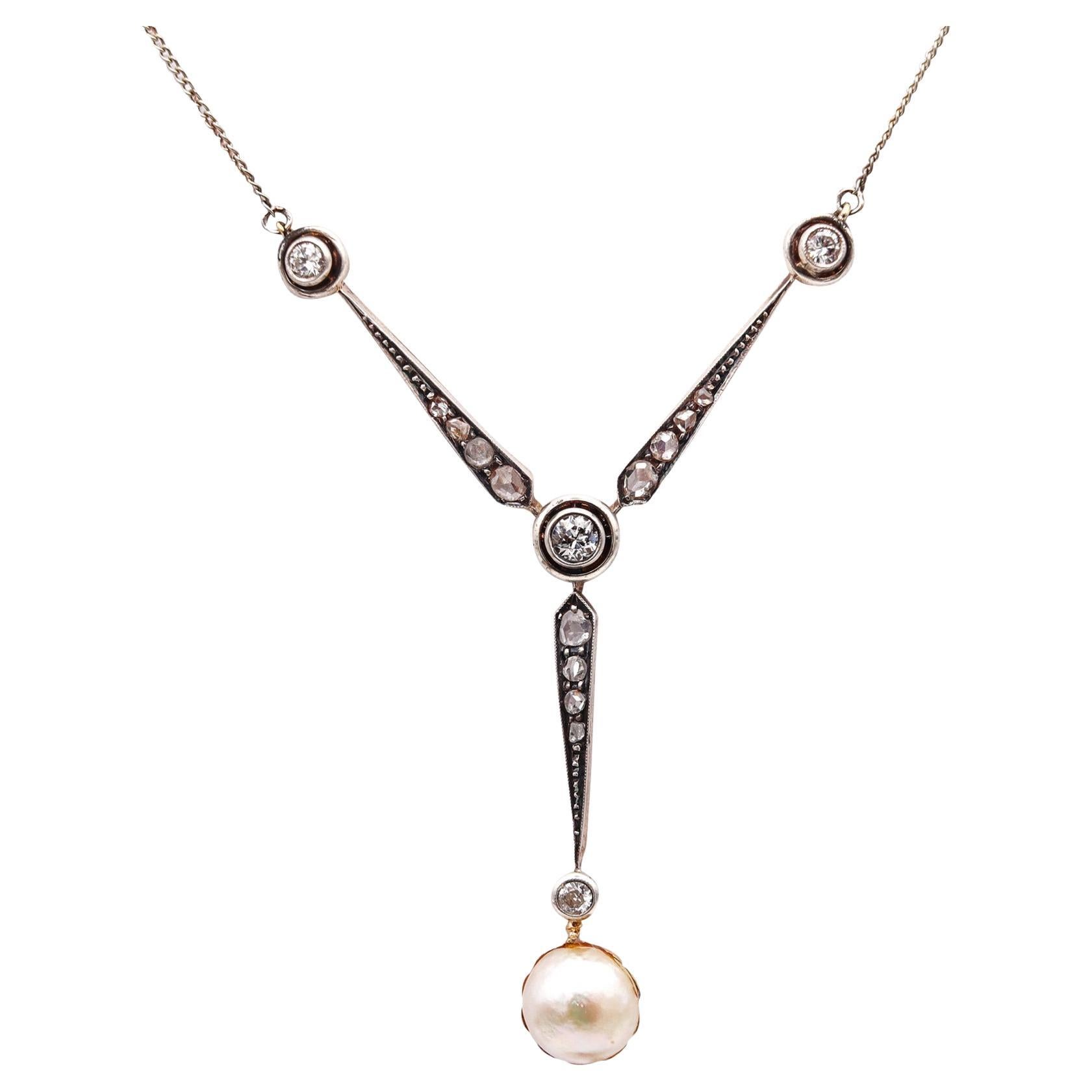 Edwardian 1910 Pearl Drop Y Shape Necklace in 18kt Gold with European Diamonds
