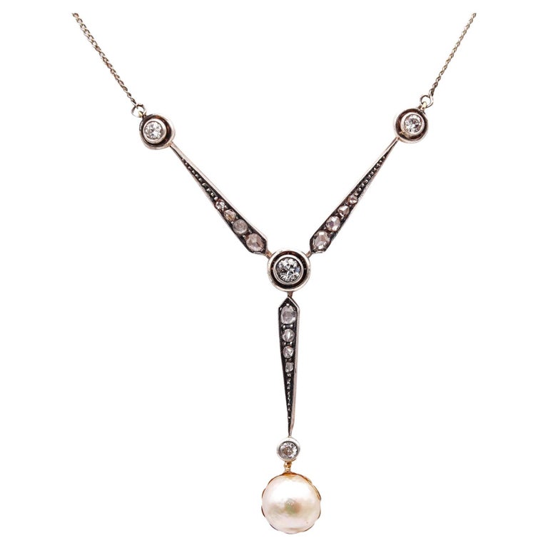 Edwardian 1910 Pearl Drop Y Shape Necklace in 18kt Gold with European
