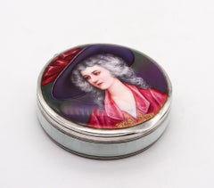Edwardian 1910 Pforzheim Guilloche Enameled Round Box In .900 Sterling Silver