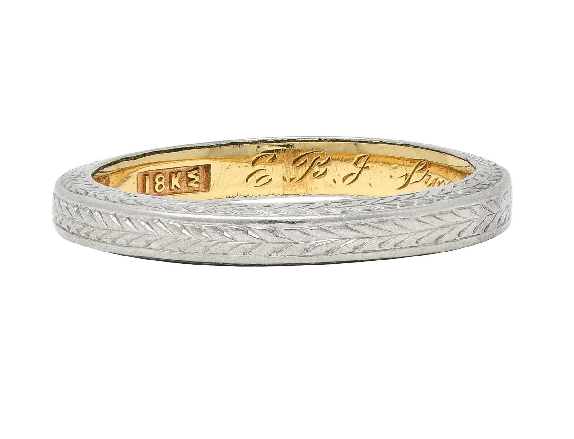 Edwardian 1912 18 Karat Two-Tone Gold Wheat Antique Wedding Band Ring For Sale 6