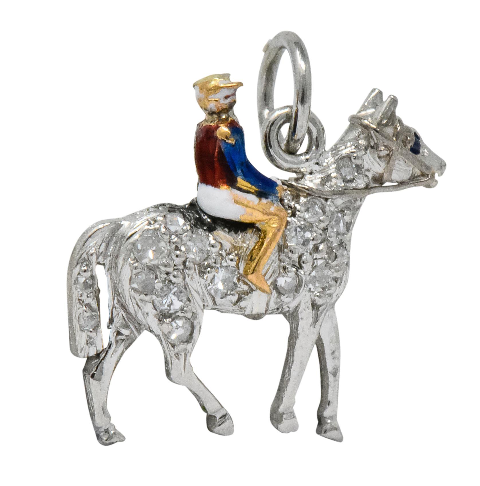 Round Cut 1920's Edwardian Diamond Sapphire Enamel Gold Platinum Racehorse Charm For Sale
