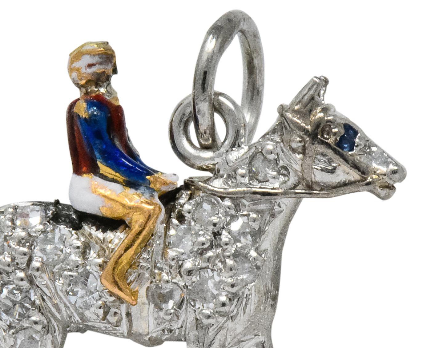 1920's Edwardian Diamond Sapphire Enamel Gold Platinum Racehorse Charm In Good Condition For Sale In Philadelphia, PA