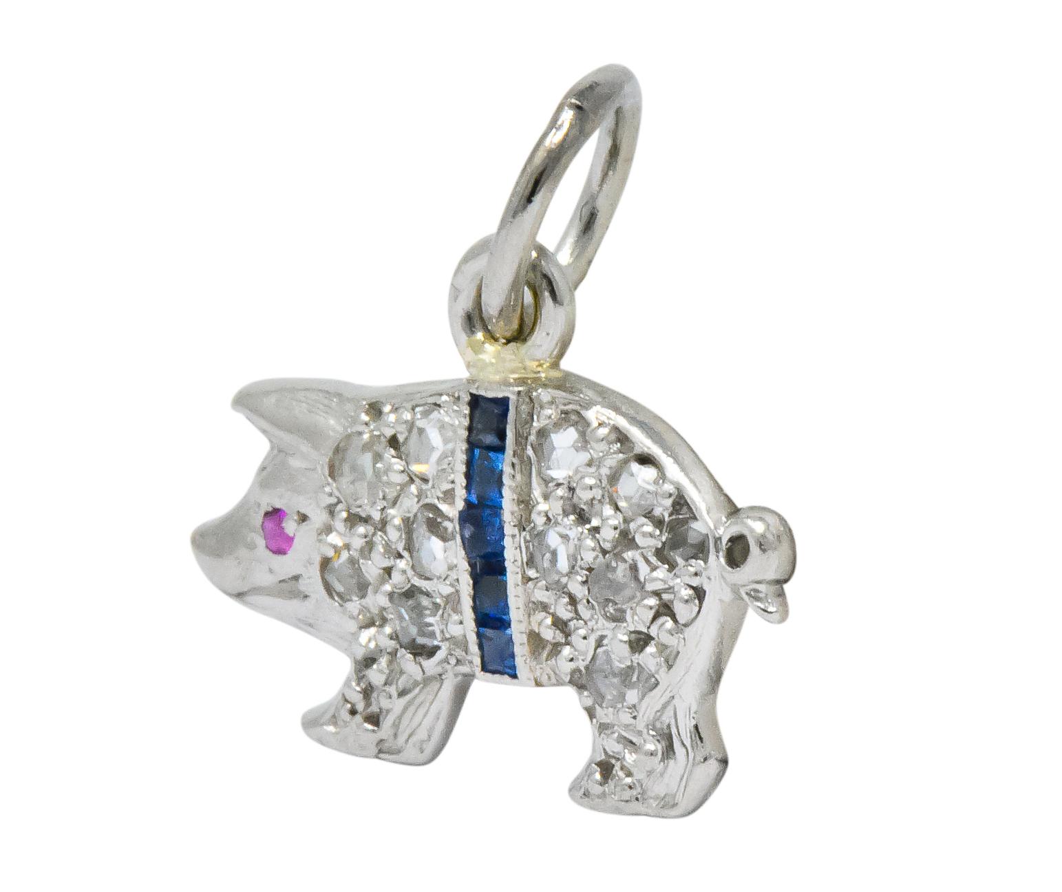 Rose Cut Edwardian 1920s Diamond Sapphire Ruby Platinum Pig Charm