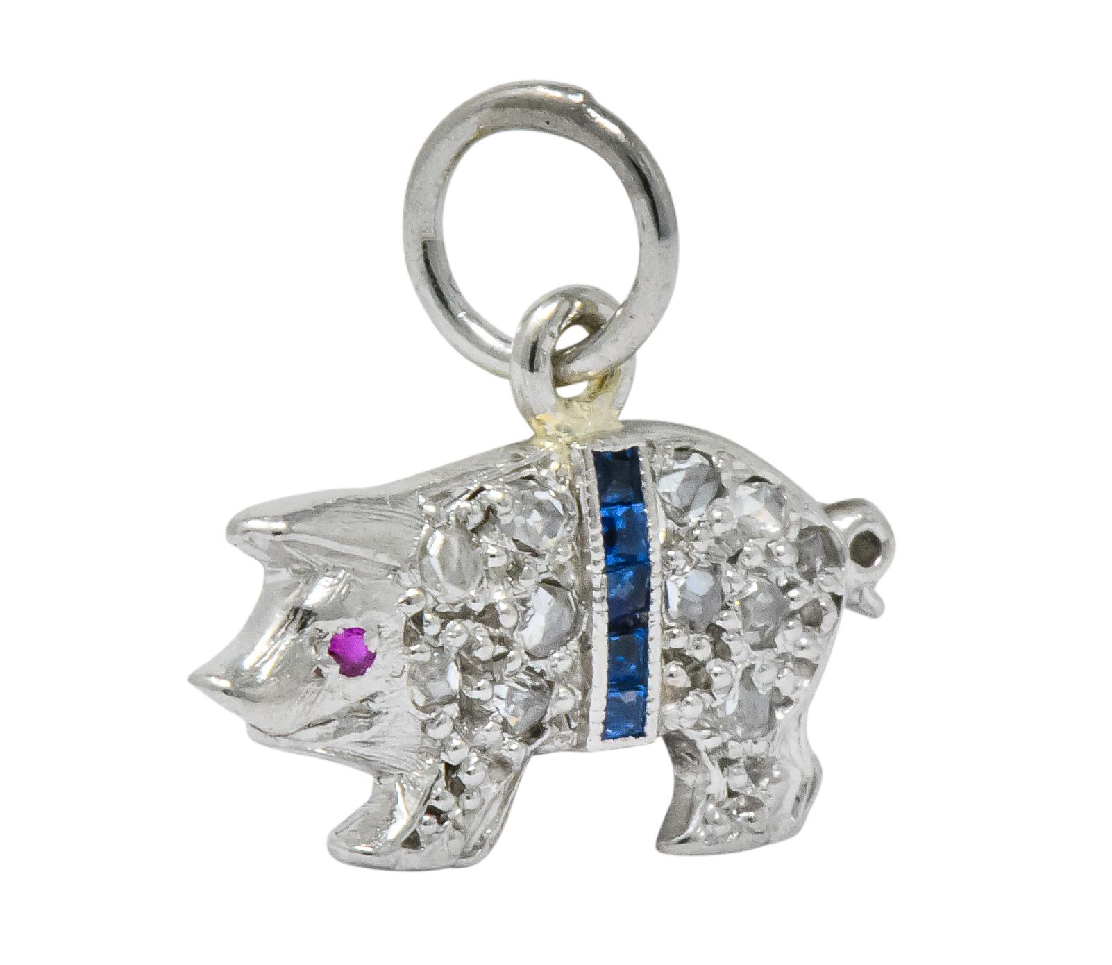 Edwardian 1920s Diamond Sapphire Ruby Platinum Pig Charm In Excellent Condition In Philadelphia, PA