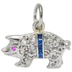 Edwardian 1920s Diamond Sapphire Ruby Platinum Pig Charm