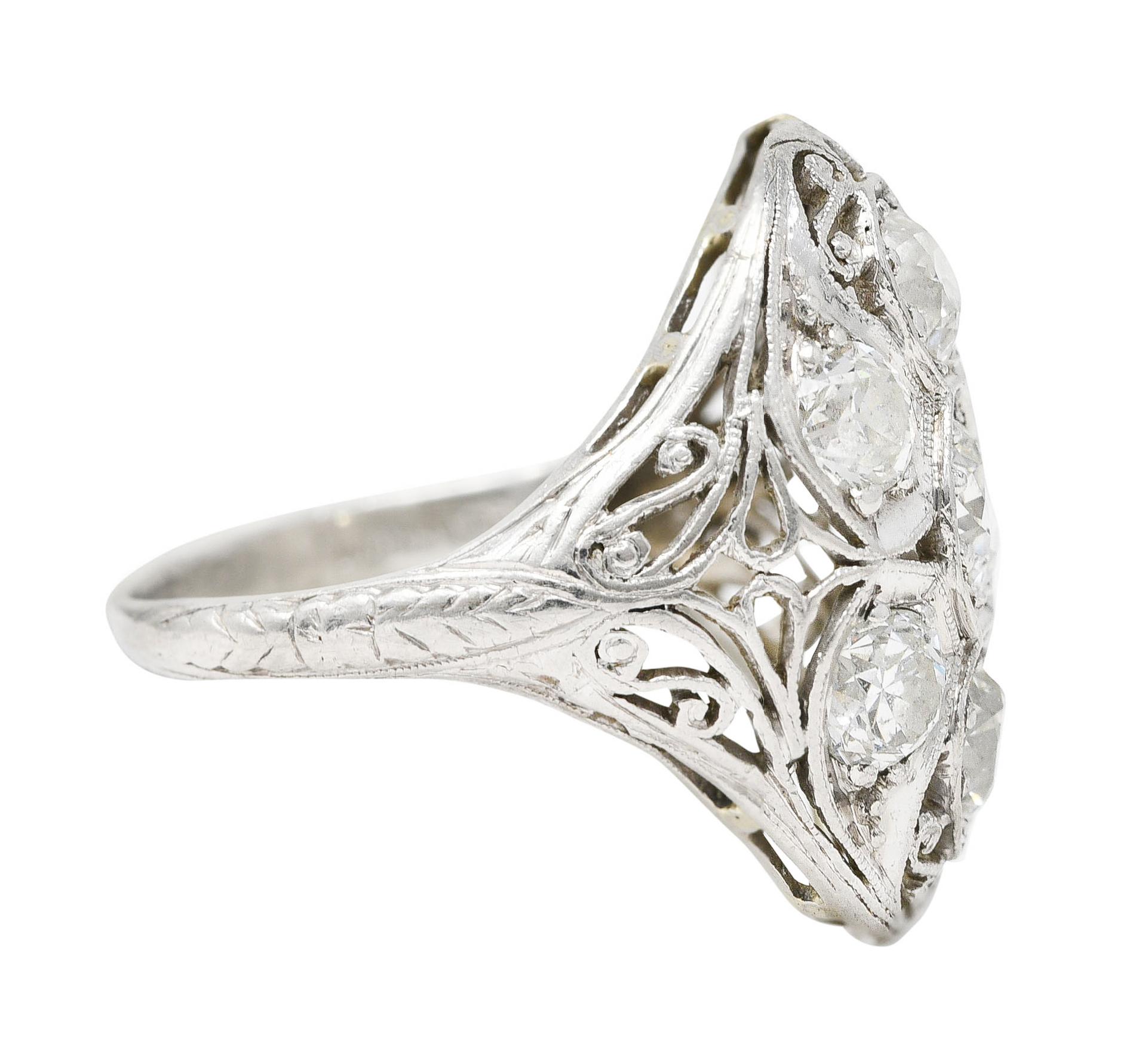 Round Cut Edwardian 1.93 Carat Old European Cut Diamond Platinum Scrolling Antique Ring For Sale