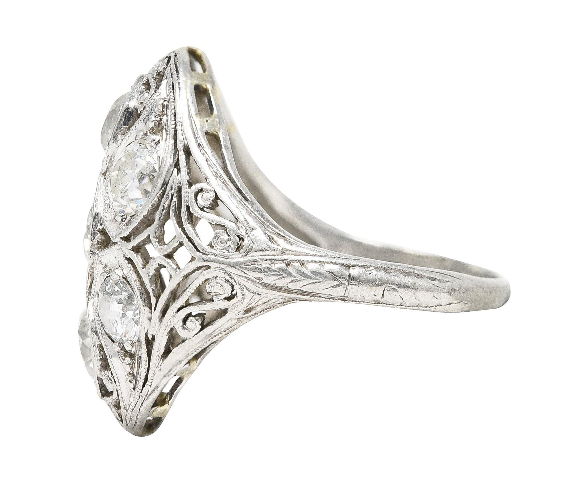 Women's or Men's Edwardian 1.93 Carat Old European Cut Diamond Platinum Scrolling Antique Ring For Sale
