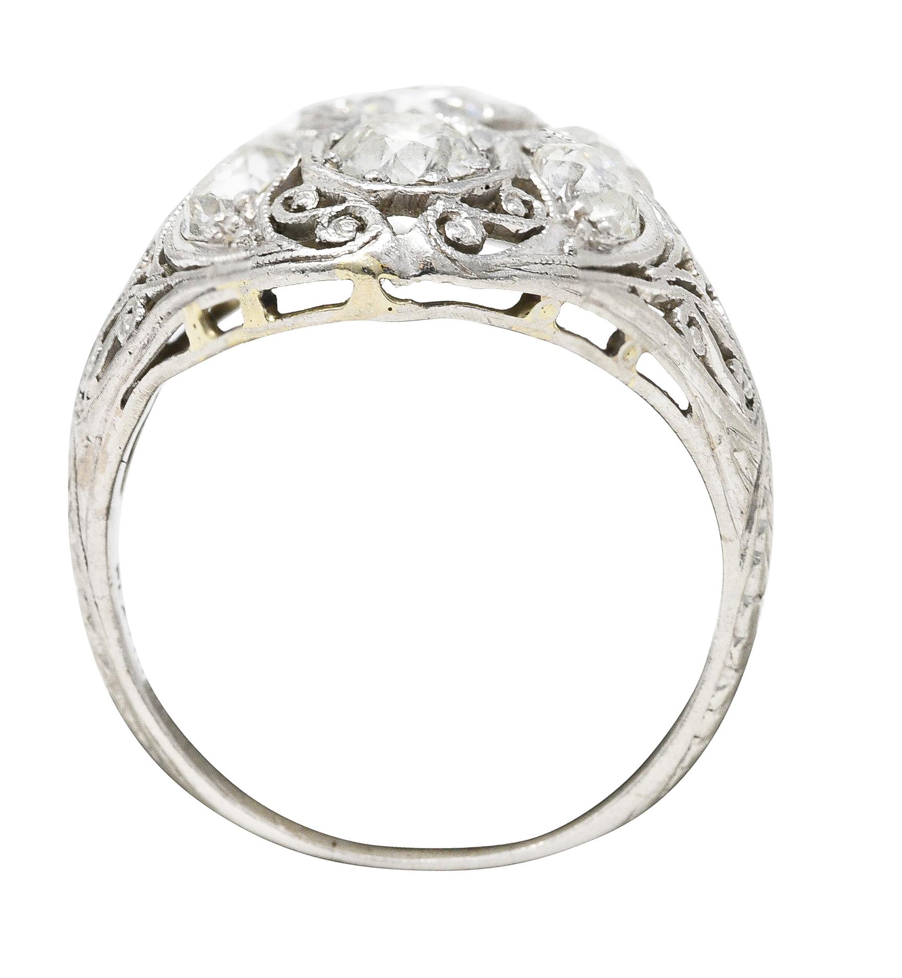Edwardian 1.93 Carat Old European Cut Diamond Platinum Scrolling Antique Ring For Sale 3