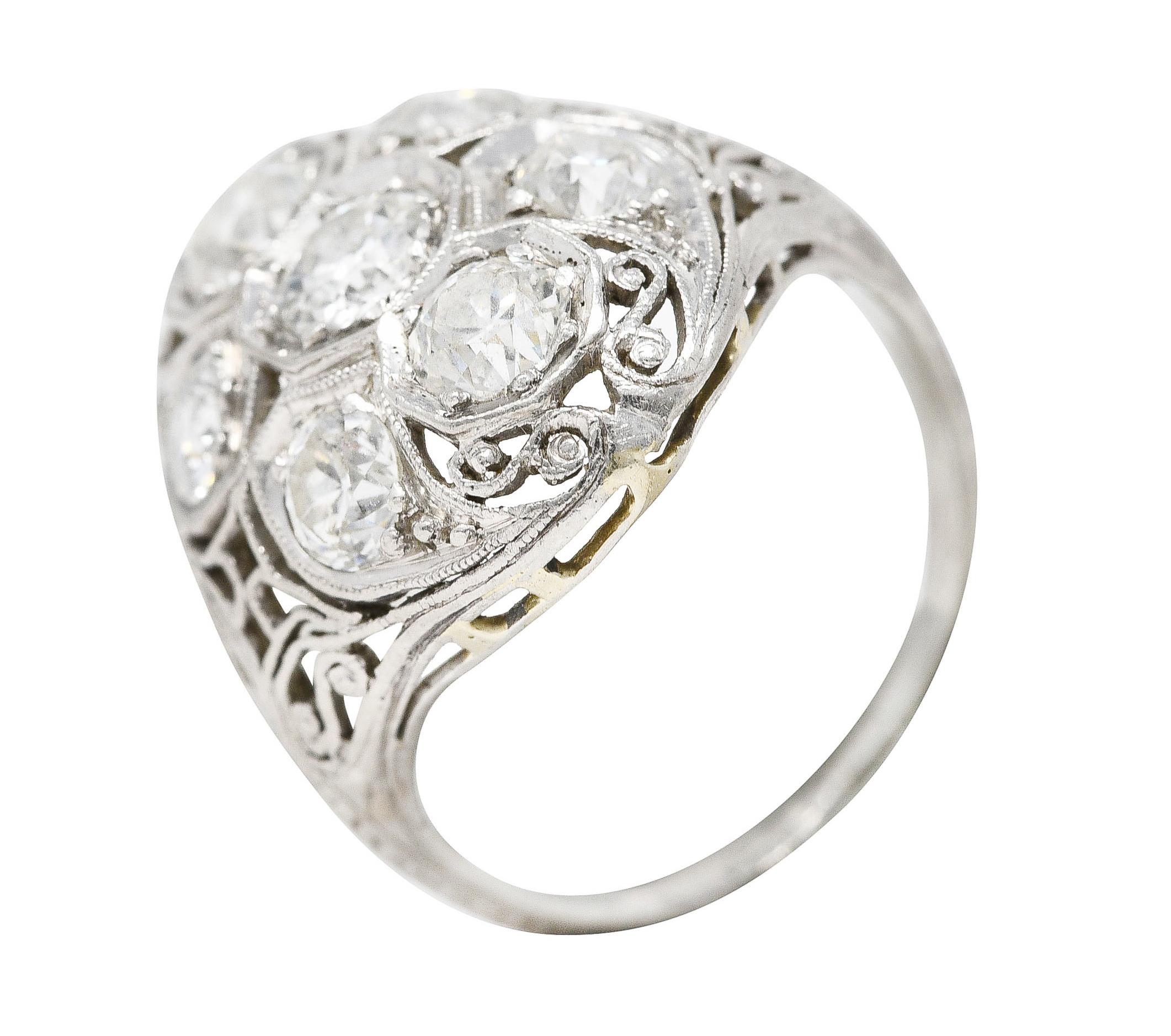 Edwardian 1.93 Carat Old European Cut Diamond Platinum Scrolling Antique Ring For Sale 4