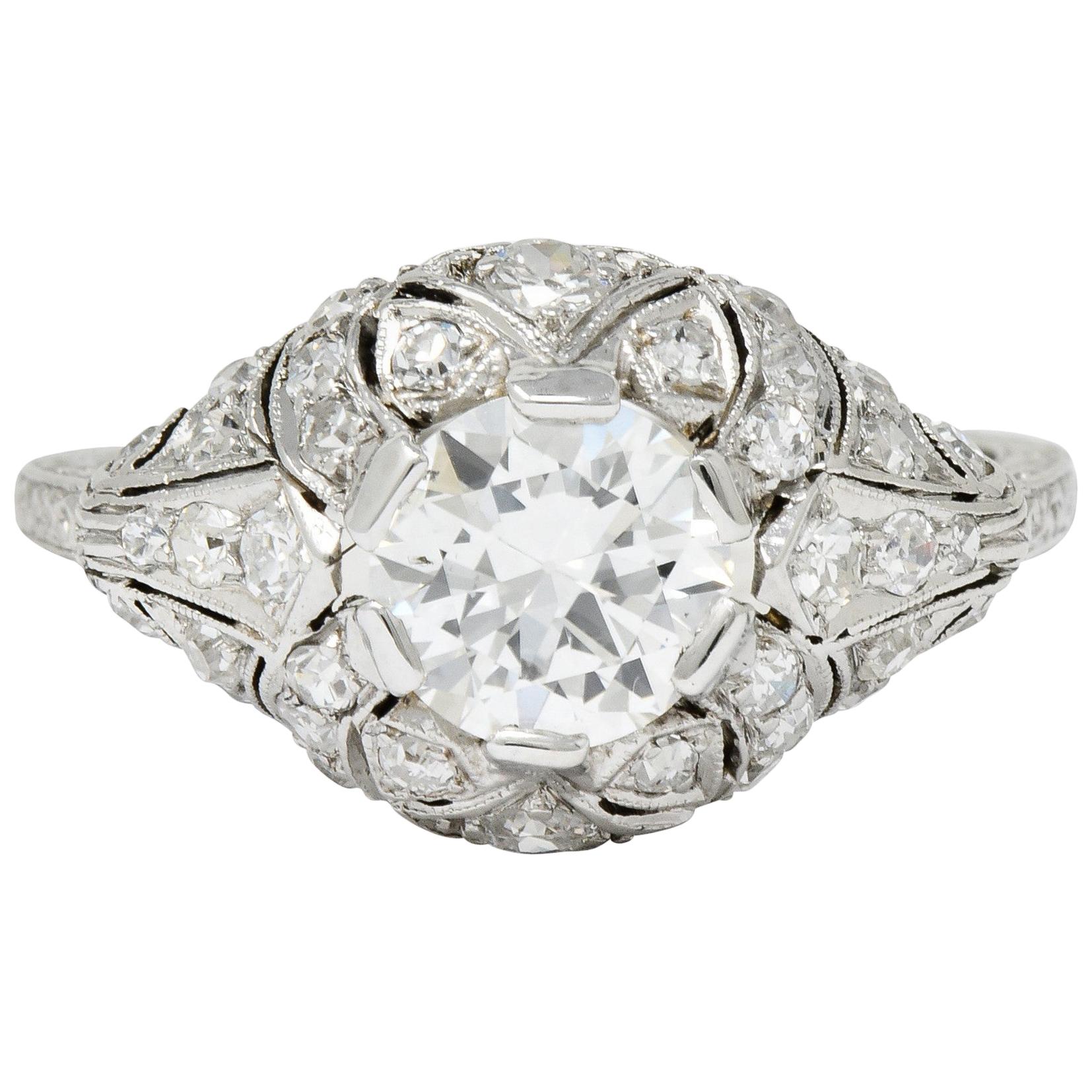 Edwardian 1.95 Carat Diamond Platinum Scrolled Engagement Ring GIA