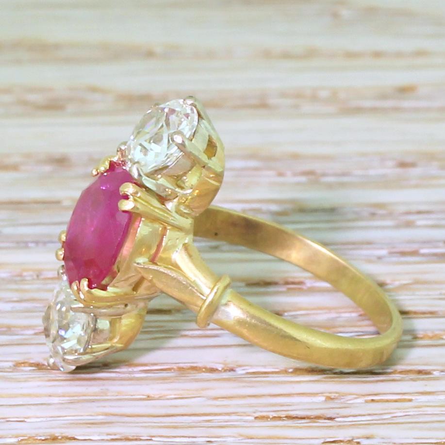 Cushion Cut Edwardian 1.95 Carat Natural Ruby and 1.60 Carat Old Cut Diamond Trilogy Ring For Sale