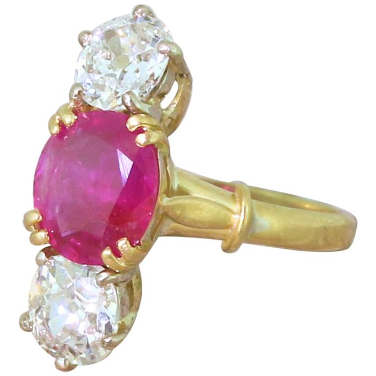 Edwardian 1.95 Carat Natural Ruby and 1.60 Carat Old Cut Diamond Trilogy Ring For Sale