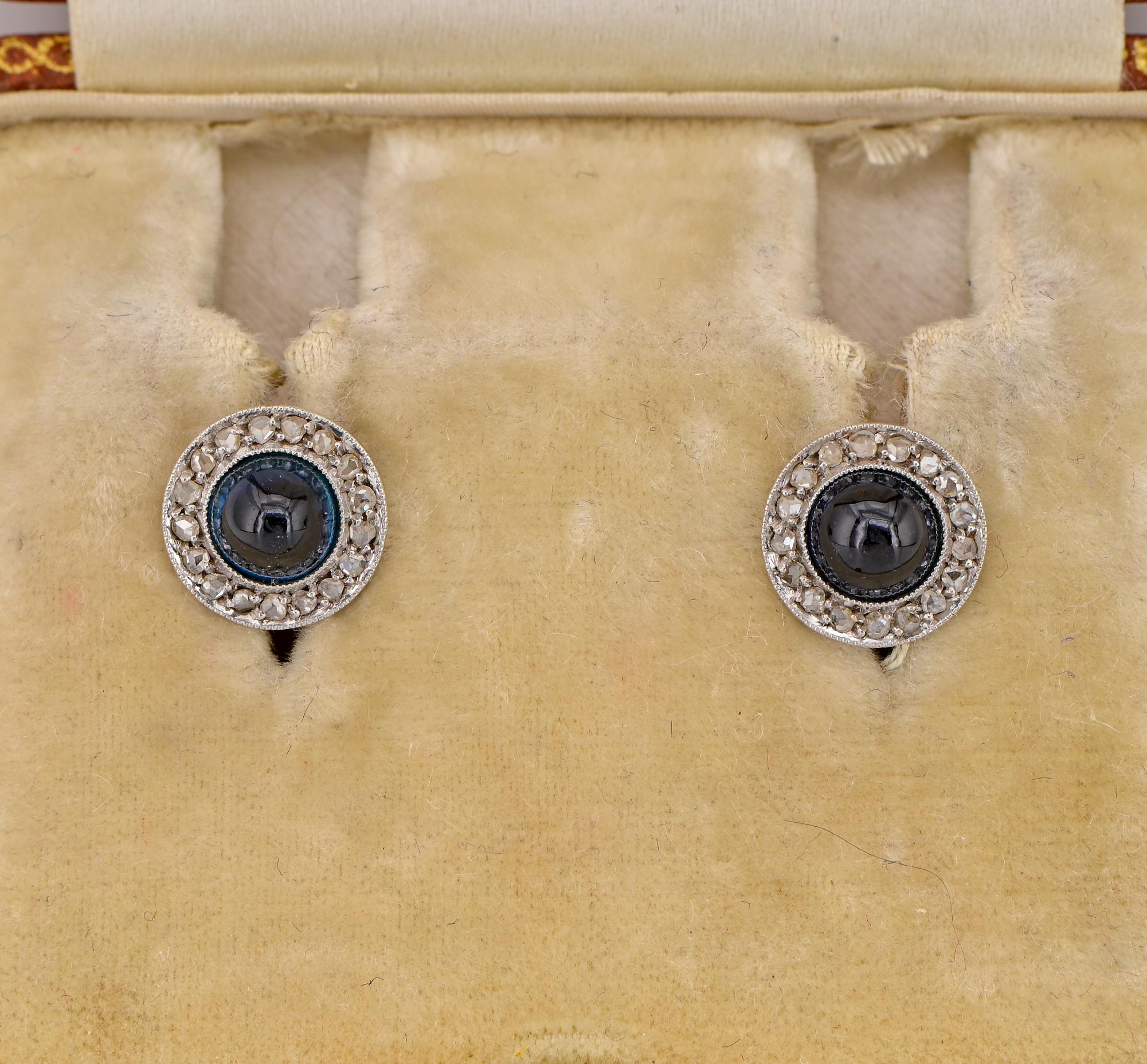 Rare Find
These sweet and unique Edwardian stud earrings are 1900/09 ca. – hand crafted of solid Platinum and 18 KT gold
Petit, Target design of infinite charm, made by two natural 100% untreated/ unheated natural Sapphires – approx 1.95 Ct. (