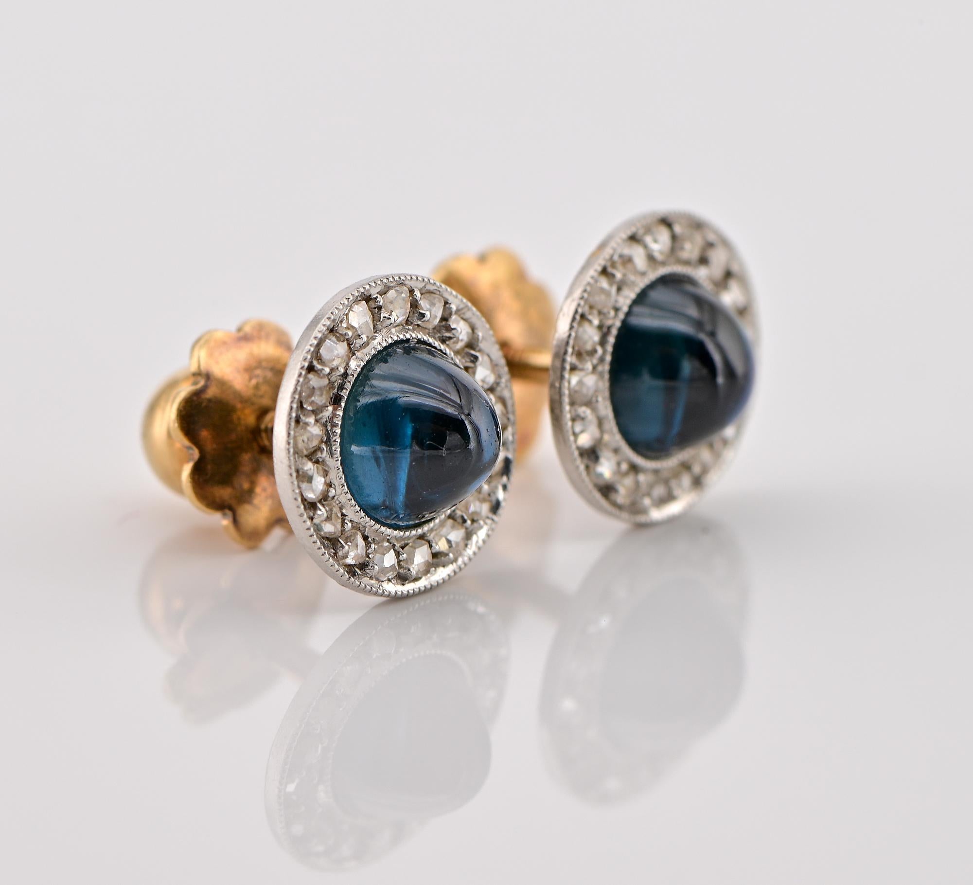 Sugarloaf Cabochon Edwardian 1.95 Ct Sapphire Rose cut Diamond Platinum Petit earrings For Sale