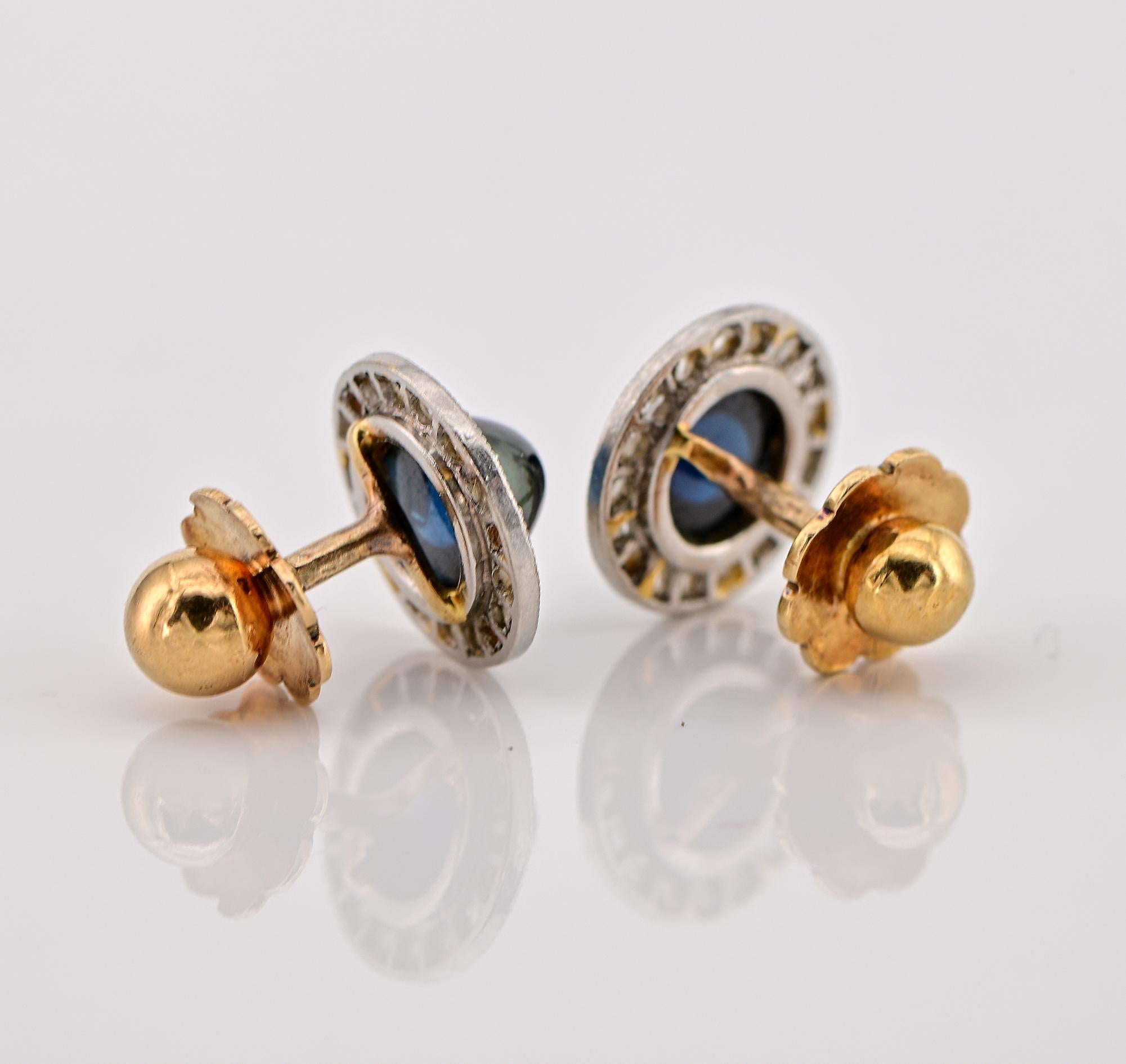 Edwardian 1.95 Ct Sapphire Rose cut Diamond Platinum Petit earrings For Sale 2