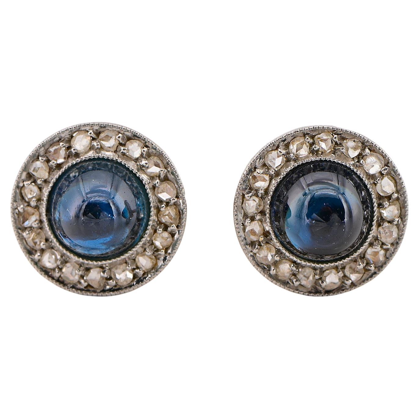 Edwardian 1.95 Ct Sapphire Rose cut Diamond Platinum Petit earrings