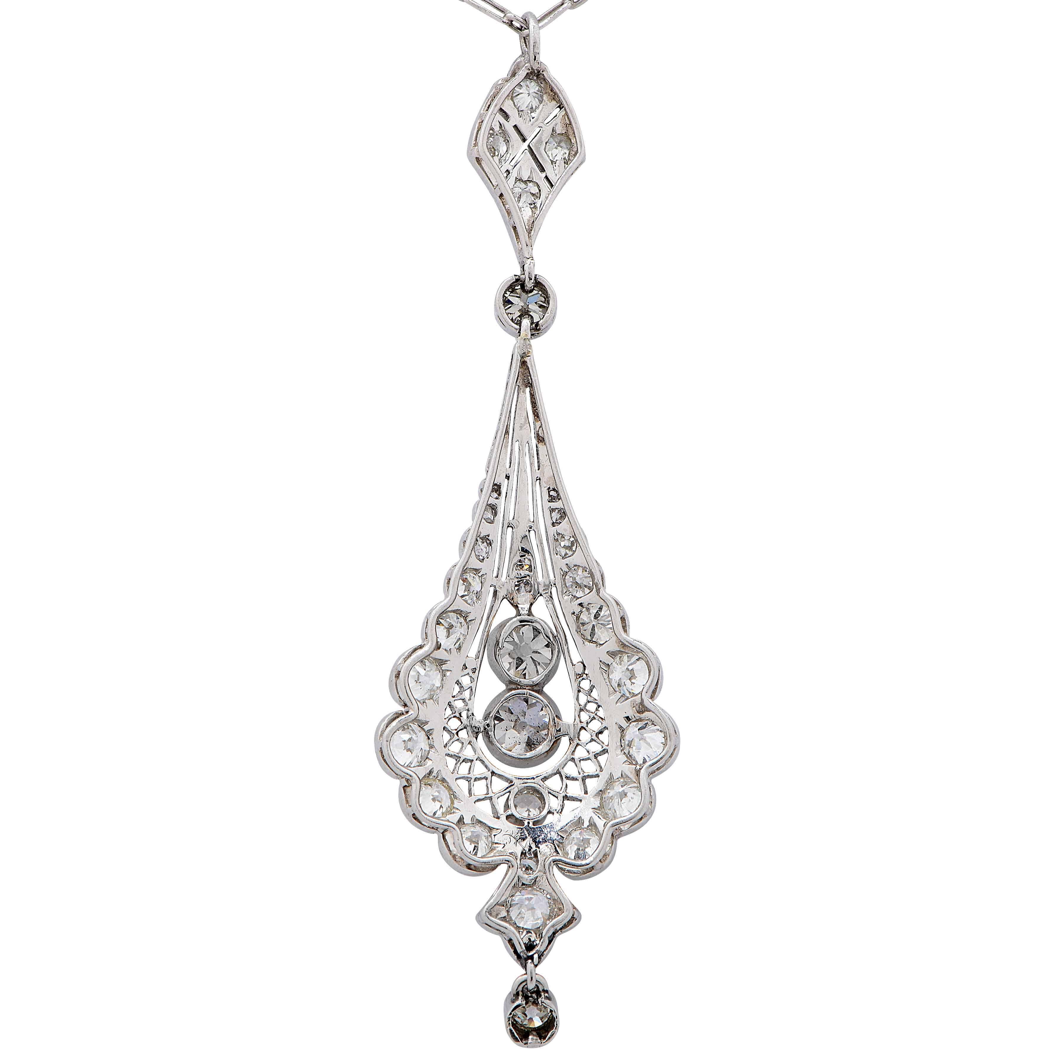 Old European Cut Edwardian 2 Carat Diamond Platinum Pendant Necklace
